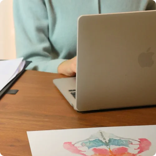 Persona al computer durante una sessione di lavoro o counseling per adulti, dettaglio del percorso individuale e attività di consulenza
